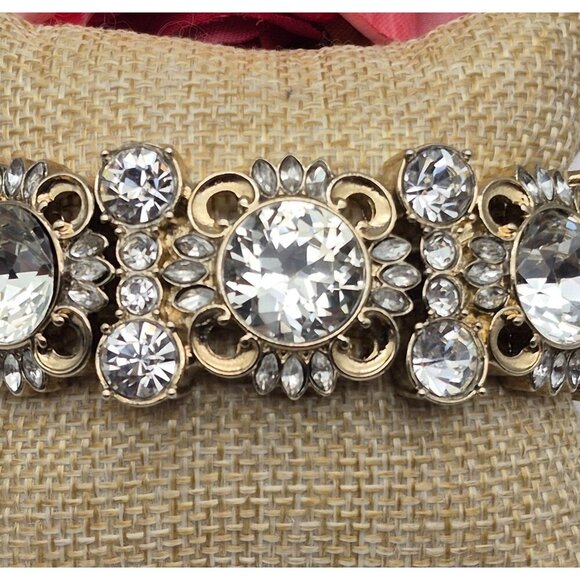 Ann Taylor Gold Tone Chunky Statement Crystal Stretch Bracelet Formal Wide - Picture 4 of 7